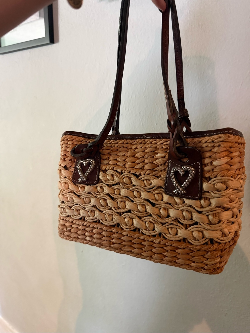 Brighton Natural Straw Tote with Dark Brown Leather Handles and Heart Accents